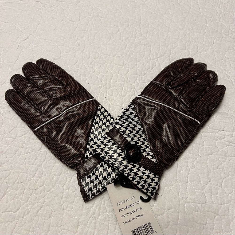 Non leather thermal brown & white gloves mittens women one size  winter gloves